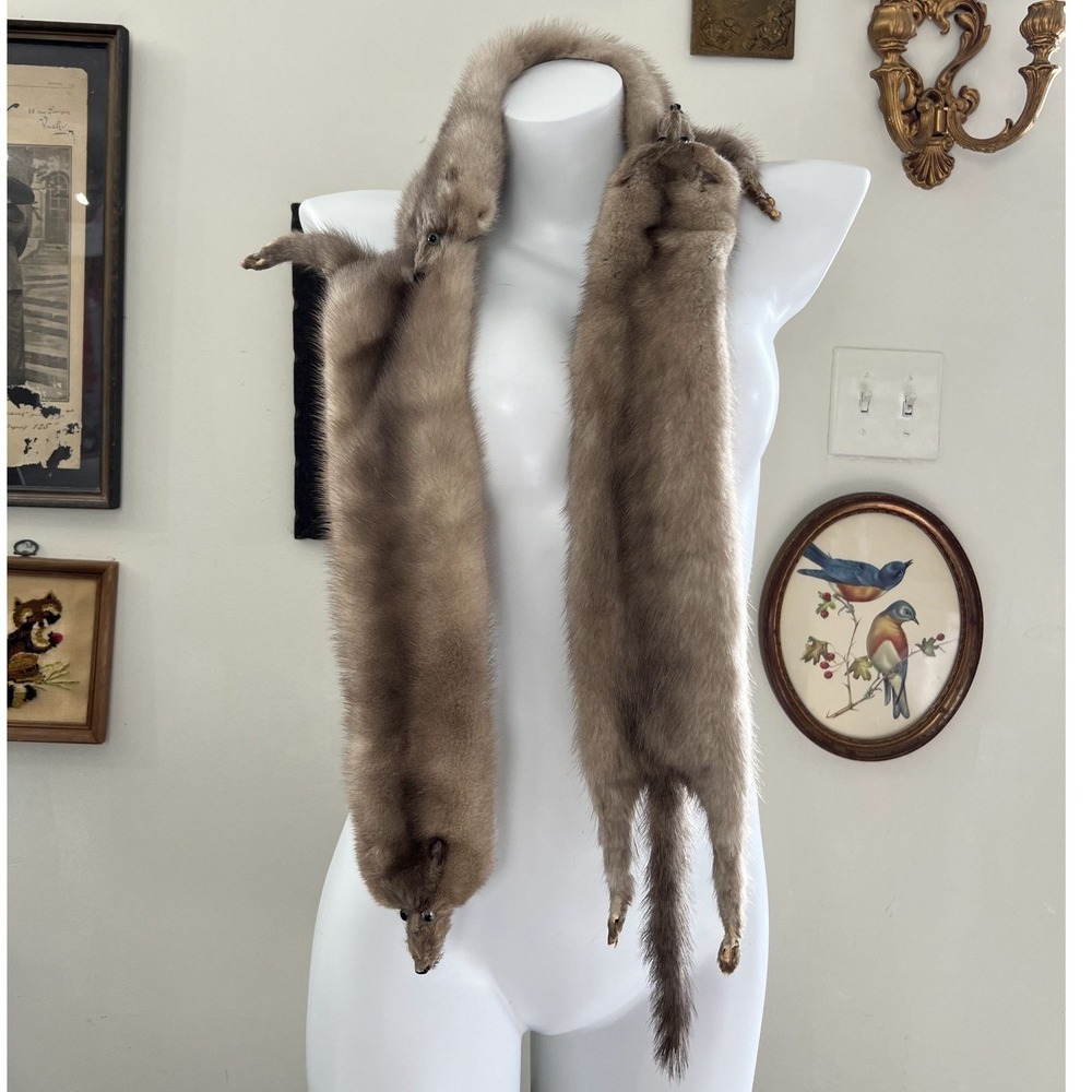 Vintage Multi-Mink Fur Stole Scarf with Head and Tail Details